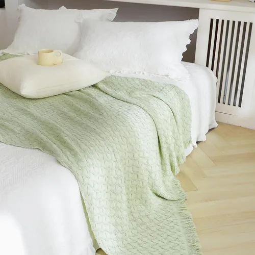 Miniatura 11 de Simple&Opulence Manta 100% algodón para sofá, cama, manta de punto gofre con borlas, suave, ligera, prelavada, transpirable, cómoda, decoración