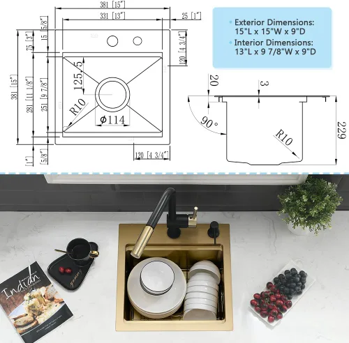 Miniatura 7 de In-VASOYO - Fregadero de barra dorada de 15 pulgadas para fregadero de cocina pequeño de 15 x 15 pulgadas, fregaderos de barra húmeda, fregadero