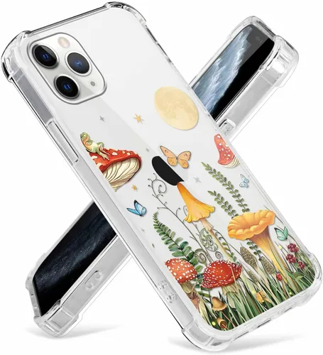 Miniatura 3 de Paquete de 2 fundas transparentes para iPhone 11 Pro de 5.8 pulgadas, diseño de hongos y mariposa, rana, funda protectora suave y delgada a prueba