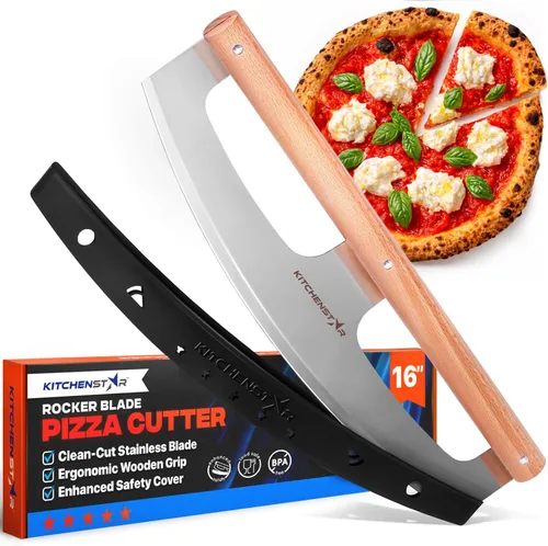 Miniatura 7 de KitchenStar Cuchilla de corte de pizza de 16 pulgadas, cuchillo cortador de acero inoxidable afilado, elegante mango de madera de haya, cubierta