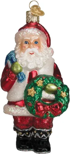 Old World Christmas Santa con Guirnalda de Vidrio Soplado Adorno para Árbol de Navidad, Decoración Navideña Hecha a Mano, Colección Santa