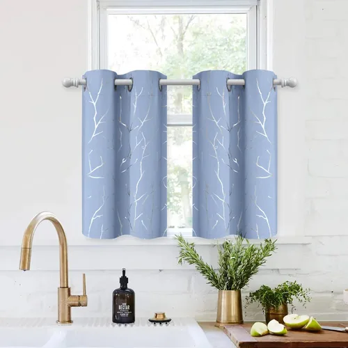 Miniatura 83 de BUHUA Cortinas pequeñas para ventana de 36 pulgadas de largo, 2 paneles, cortinas opacas con elegantes ramas de árbol plateadas, cortinas de bloqueo