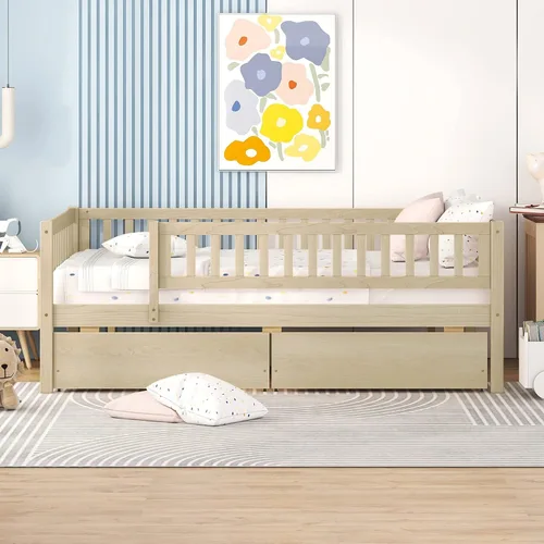 Miniatura 9 de DEINPPA Cama individual con cajones, sofá cama para niños con almacenamiento, marco de cama de madera con listones para niños, niños y niñas, natural