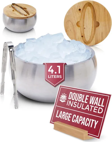 Gusto Nostro Cubo de hielo aislado de 4.1 L con tapa y pinzas, cubo de hielo de acero inoxidable de doble pared, grande, sin BPA para bar de Plateado