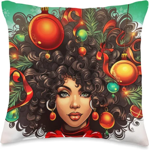 Black women Christmas ornament melanin curly hair Melanin Christmas Queen Xmas Black Girl Magic Ornament - Almohada de 16 x 16 pulgadas, multicolor