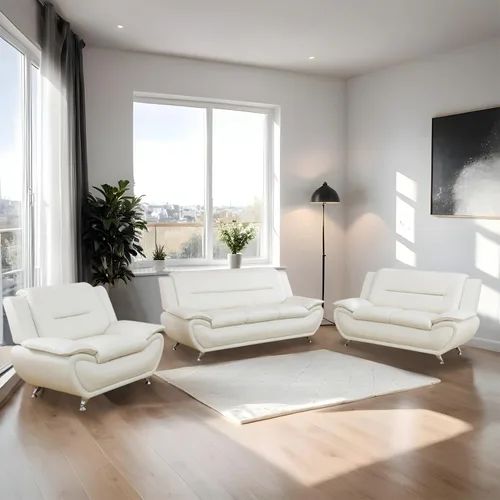 Miniatura 7 de Sofás Seccionales de Cuero, Conjuntos de Muebles de Sala de Estar, 3 Piezas Conjunto de Sofá Moderno para Sala de Blanco crema