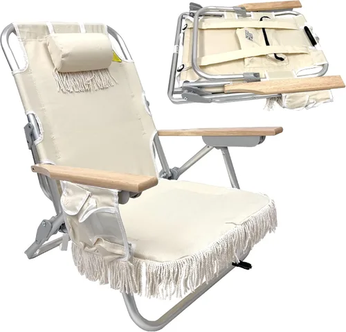 Miniatura 10 de EasyGo Product Mochila para silla de playa, 5 posiciones y bolsa para portavasos en el lateral, bolsa de almacenamiento de almohada acolchada