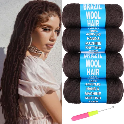 Miniatura 29 de 8 piezas de lana brasileña para trenzas, negro natural, cabello de lana brasileña para trenzar para mujeres, hilo para cabello para locs falsos