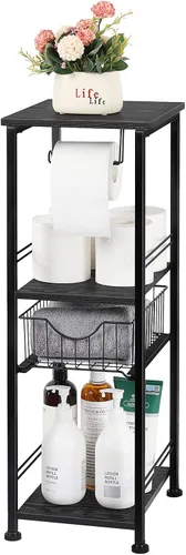 OYEAL Armario de almacenamiento de papel higiénico negro pequeño estante lateral de baño con cajón estrecho gabinete de almacenamiento de toallas
