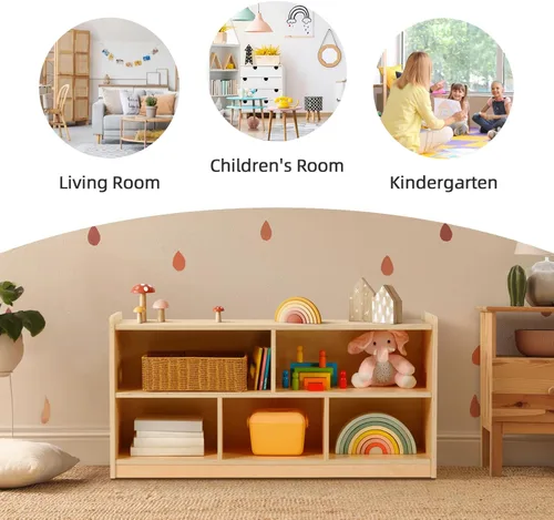 Miniatura 10 de OOOK Gabinete de almacenamiento de madera con 5 compartimentos, estante Montessori para organizadores y almacenamiento de juguetes, organizador