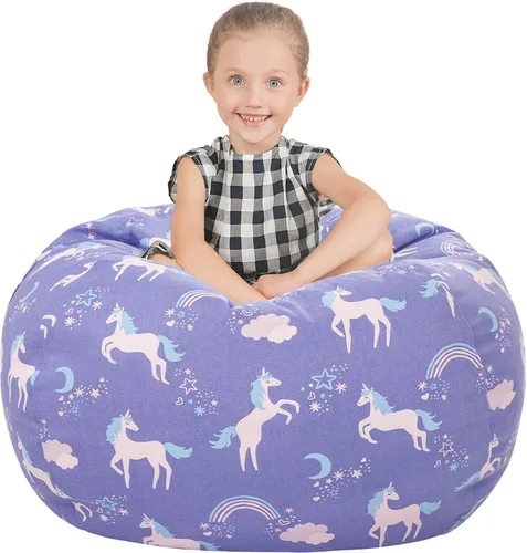 Aubliss Puf de Almacenamiento de Animales de Peluche, Silla Puf de Unicornio, Stuff 'n Sit para Niños, Mediano 32" - Lona Unicornio Azul Azul (Blue