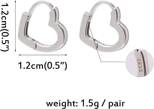 Miniatura 6 de 925 Sterling Silver Small Huggie Hoop Earrings Heart Shaped, White Gold Plated