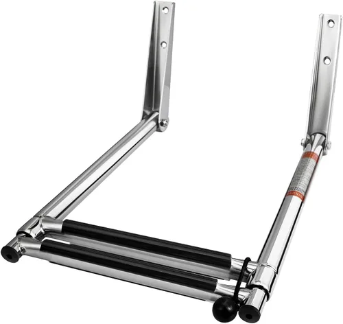Miniatura 3 de Young Marine Escalera telescópica y plegable de acero inoxidable para barco con estribo de plástico blanco, montaje sobre plataforma