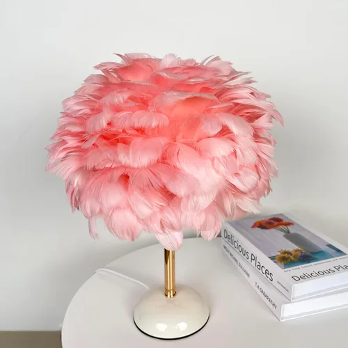 Miniatura 2 de Meefad Lámpara de noche de plumas, luz nocturna LED moderna con base de cerámica, lámpara de mesa rosa para dormitorio Rosado