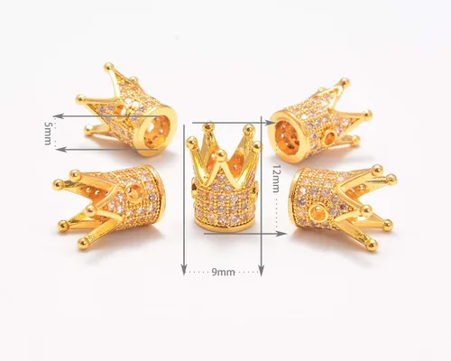 Miniatura 2 de AD Beads Corona de diamantes de imitación de circonita con agujero grande, cuentas espaciadoras (10 unidades, corona transparente sobre oro