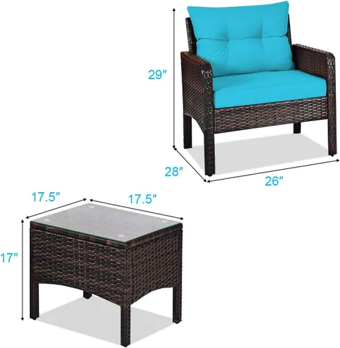 Miniatura 5 de Tangkula Sillas de mimbre de 3 piezas con mesa auxiliar superior de cristal, cojines gruesos, para todo tipo de clima, jardín, césped, piscina