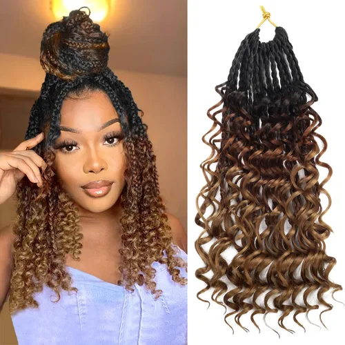 Miniatura 69 de Goddess Box Braids - Trenzas de cabello a ganchillo con extremos rizados, trenzas de caja bohemianas de 16 pulgadas, trenzas de ganchillo, 8 1B-4-30