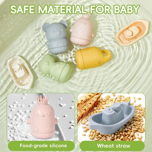 Miniatura 4 de Juguetes de baño para bebés, 9 unidades, juguetes de baño sin moho para bebés de 6 a 12 meses, juguetes de baño de silicona fácil de limpiar
