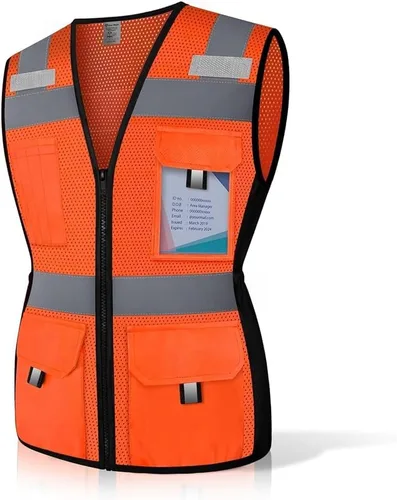 Miniatura 8 de Chaleco de seguridad para mujer con 11 bolsillos y cremallera, chaleco reflectante de alta visibilidad ajustado, chaleco de seguridad de neón