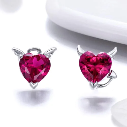 Miniatura 4 de Aretes de plata de ley 925 con forma de corazón de ángel y diablo para mujeres y niñas