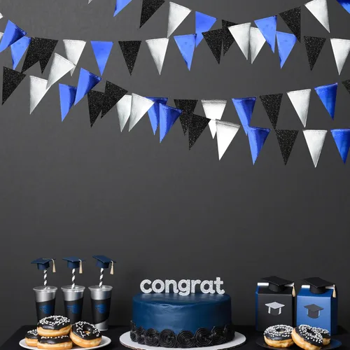 Miniatura 5 de Decoraciones de fiesta de 30 pies azul marino, negro y plateado, bandera triangular azul real, banderín con banderines para graduación, cumpleaños