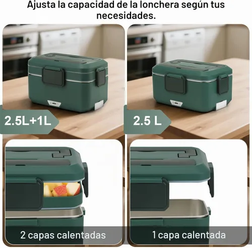 Miniatura 4 de Fiambrera eléctrica para adultos, 100 W, 3.5 L, calentador de alimentos portátil de 2 capas para hombres, modo dual de 2.5 L + 1 litro, lonchera