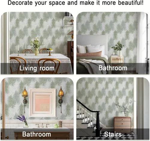 Miniatura 6 de JiffDiff Papel tapiz autoadhesivo con textura de helechos botánicos de 17.73 x 118.1 pulgadas, papel de pared temporal autoadhesivo para baño