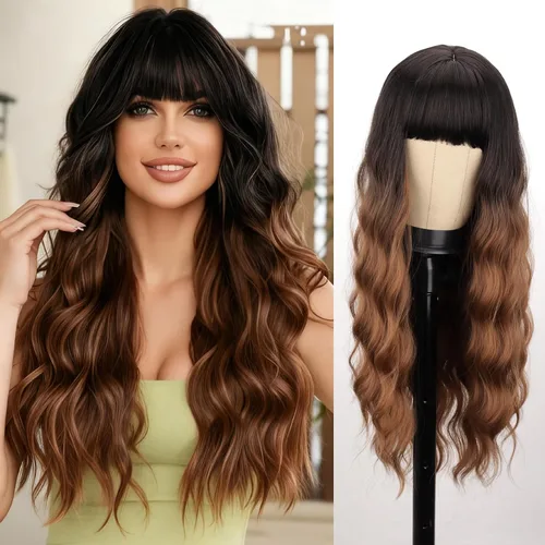 Miniatura 17 de Peluca larga de color rubio ceniza con flequillo, pelucas onduladas y rizadas gris rubio de aspecto natural, peluca de fibra sintética resistente al