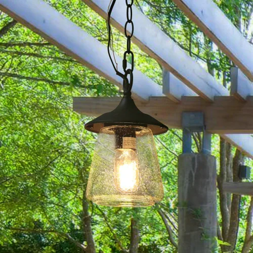 LOG BARN Luces colgantes para exteriores, accesorio de porche en metal negro pintado con globo de vidrio transparente burbujeado, lámpara colgante