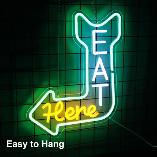 Miniatura 2 de Letrero de neón con texto en inglés "Eat Here", para decoración de pared con orientación de flecha, verde, naranja, blanco, para comer, regulable