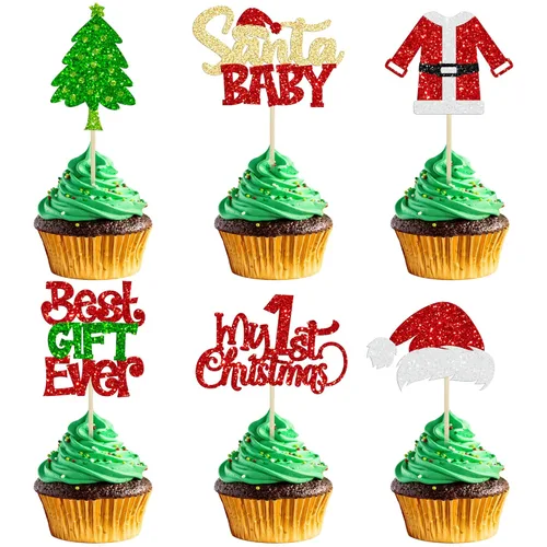 Miniatura 30 de Gyufise 24 piezas Adornos para cupcakes de jengibre de Navidad con purpurina, adornos para cupcakes de jengibre para revelar el género, púas