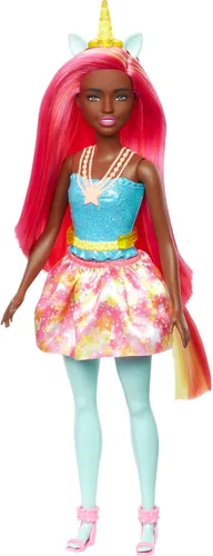 Barbie Dreamtopia - Muñeca de unicornio con pelo rosa y amarillo y falda extraíble y accesorios, incluyendo diadema y cola de unicornio
