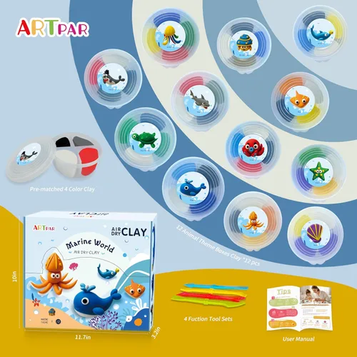 Miniatura 2 de ARTPAR Kit de arcilla de secado al aire para niños, 12 animales marinos, juego de herramientas de escultura de arcilla mágica, antiadherente, Kit