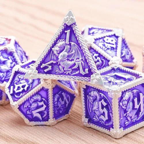 Miniatura 4 de AUSTOR Juego de dados de metal DND de 7 troqueles, juego de dados poliédricos de Calabozos y Dragones con caja D20 D12 D10 D% D8 D6 D4 para Violeta