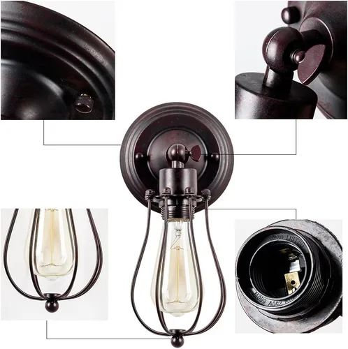 Miniatura 6 de LULING Aplique de pared industrial con iluminación vintage, lámpara ajustable de alambre rústico, jaula de metal, pantalla de luz de pared