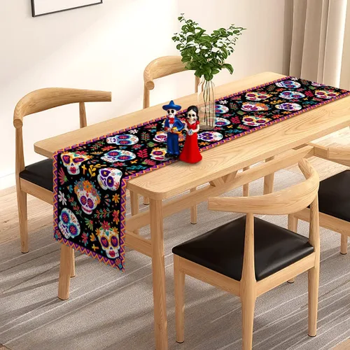 Miniatura 3 de Pudodo Camino de mesa del Día de los Muertos con calavera de azúcar, Día de los Muertos, festival mexicano, vacaciones, cocina, comedor, decoración