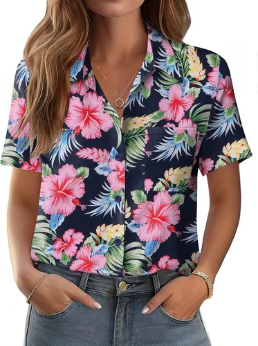 Miniatura 25 de Zeagoo Blusa de manga corta con botones para mujer, con bolsillo en el busto, para negocios, casual, para el trabajo, trajes de verano