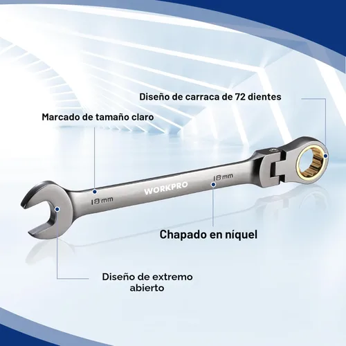 Miniatura 7 de WORKPRO - Juego de 22 llaves de trinquete de cabeza flexible, juegos de llaves combinadas de trinquete con caja organizadora, niquelado, 72 dientes