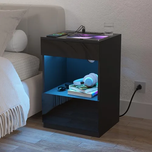 Miniatura 6 de HOMMPA Mesita de noche LED con estante abierto con estación de carga, 2 cajones, mesita de noche negra con almacenamiento, mesitas de noche