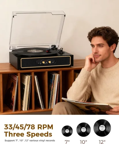 Miniatura 3 de Tocadiscos retro Bluetooth con altavoces integrados, tocadiscos de 3 velocidades por correa, control de graves y agudos, reproductor de vinilo Negro