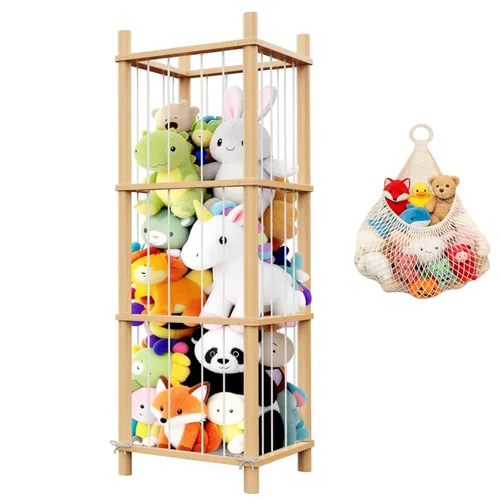 Organizador grande de almacenamiento de animales de peluche y juguetes, 3 capas de 54 pulgadas de madera, lindo soporte de juguetes de zoológico,