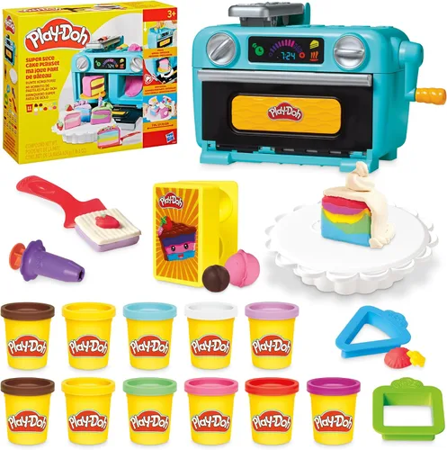 Play-Doh Super Slice Cake Playset, horno de juguete con accesorios de cocina y 11 latas compuestas de modelado, artes y manualidades para niños, a