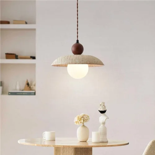 Miniatura 3 de White Globe Glass Pendant Light Nordic Kitchen Island Hanging Lamp Japanese Wabi-Sabi Yellow Travertine Chandelier for Dining Room Bar Counter