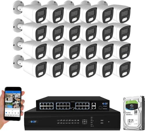 GW Security Sistema de cámara de seguridad NVR 4K de 32 canales de 12 MP con foco PoE de 24 x 8MP PoE, visión nocturna a color, cámaras bala de