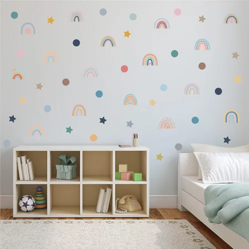 Miniatura 3 de Calcomanías de pared de arco iris para habitación de niños, 76 piezas extraíbles de despegar y pegar, calcomanías de pared boho de estrellas