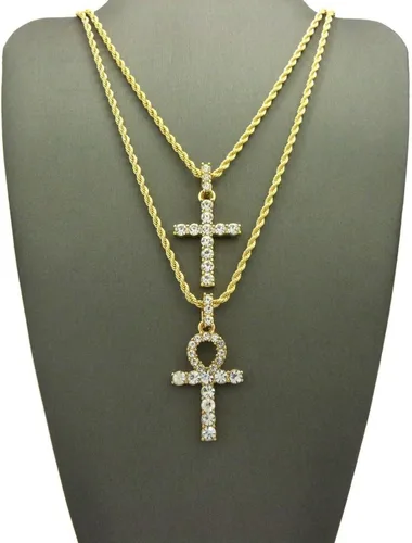 Miniatura 2 de Juego de collares de cadena doradas con colgantes con brillos de cruz ansada egipcia y cruz de 60.9cm, 76.2cm, estilo hip hop, para hombre