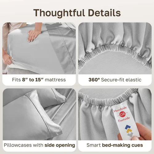 Miniatura 7 de Juego de sábanas split king para cama ajustable de 100% algodón natural satinado de 400 hilos, transpirables/duraderas, con esquinas 07 - Gris claro