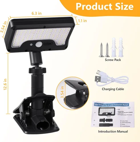 Miniatura 8 de Luces solares con clip para exteriores con sensor de movimiento, luces de valla solares ajustables verticalmente y giratorias en 360° con 92 LEDs