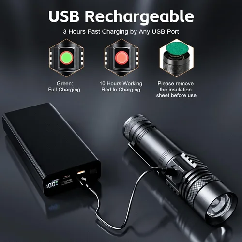 Miniatura 3 de ATDOALL Linterna LED recargable, linternas magnéticas USB con luz lateral de mazorca, pequeñas linternas tácticas, impermeable, zoomable, luz
