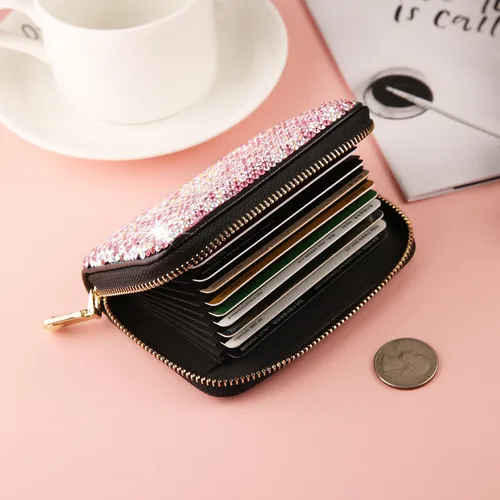 Miniatura 4 de AsAlways Funda con cremallera multicapa con diamantes de imitación RFID, cartera pequeña delgada para mujer, Rosado, Moderno